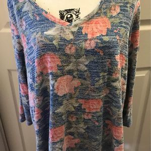 Women’s Plus Size 2x Blue Pink Rose Floral Sweater